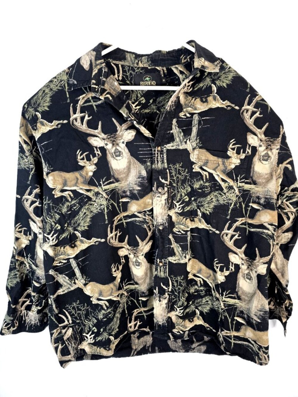 Red Head Long Sleeve Button Down Black Shirt Deer Buck  Hunting Print Men's XL